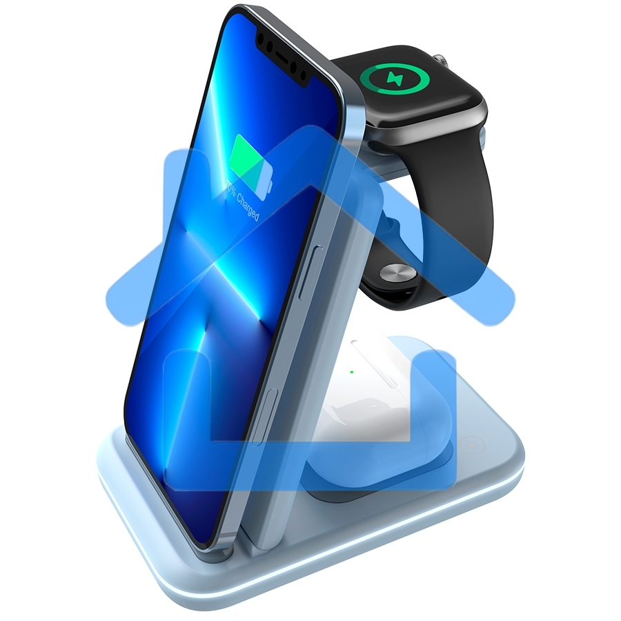 Беспроводное зарядное устройство CANYON WS-304, Foldable  3in1 Wireless charger, with touch button for Running water light, Input 9V/2A,  12V/1.5AOutput 15W/10W/7.5W/5W, Type c to USB-A cable length 1.2m, with QC18W EU plug,132.51*75*28.58mm, 0.168Kg,Blue