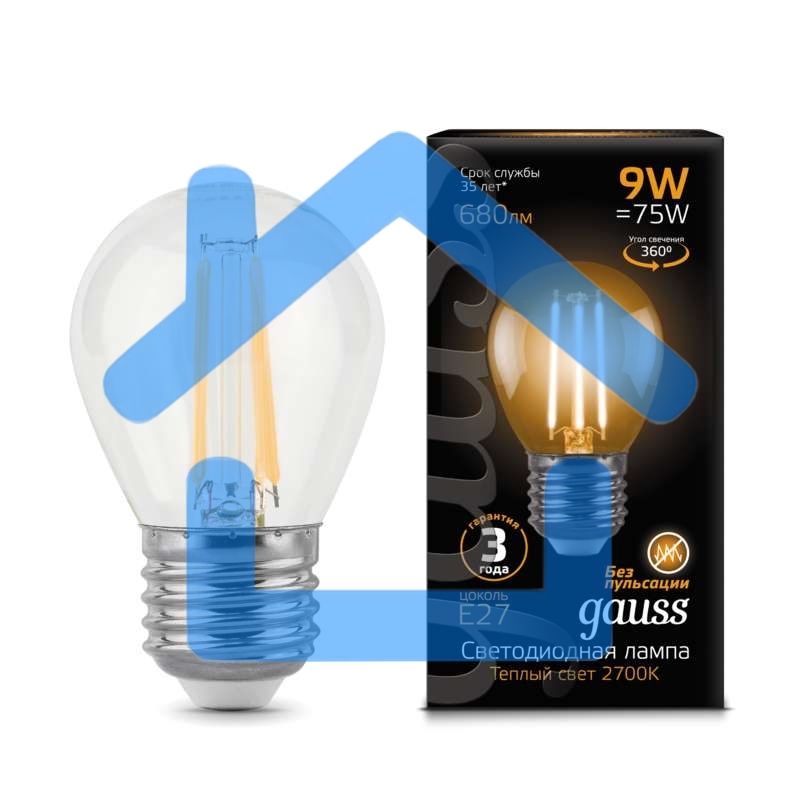 Лампа светодиодная Filament Шар E27 9Вт 2700К GAUSS 105802109