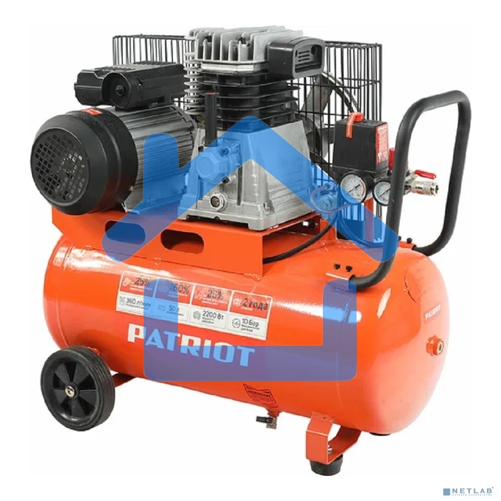 Компрессор Patriot поршневой ременной PTR 50-360I, 360 л/мин, 10 бар, 2200 Вт, 50 л, быстросъемный 1/4