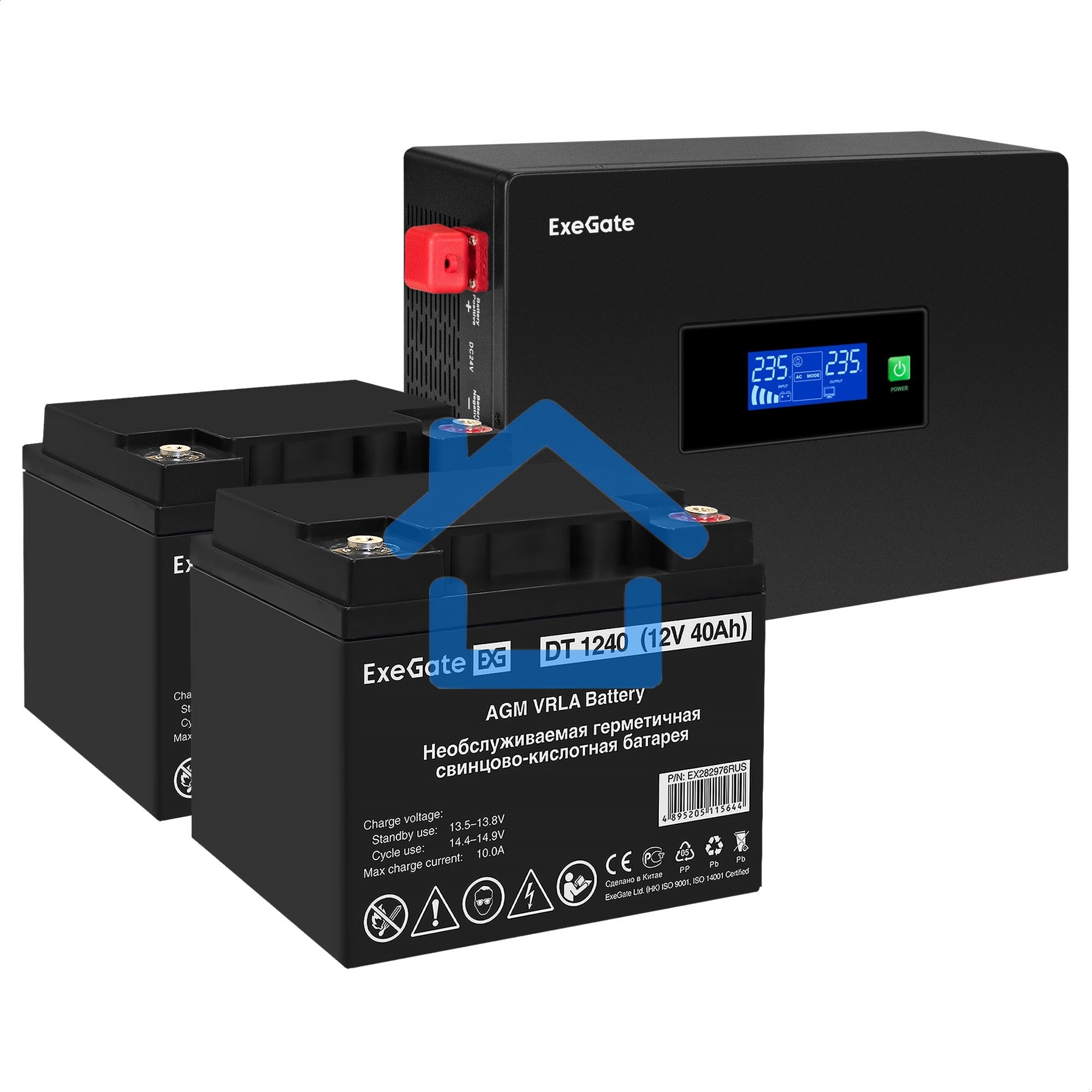 Комплект Источник бесперебойного питания EX295994RUS + батарея 40Aч EX282976RUS 2шт (инвертор, синус, для котла, PF=1, настенный) ExeGate IdealSine SR-1500.LCD.2SH  <1500VA/1500W, чистая синусоида, цветной LCD-дисплей, 2*Schuko, крепление настенное, черны