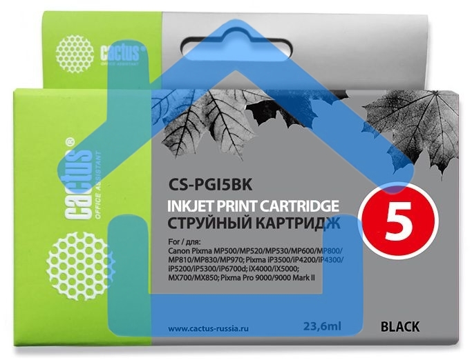 Картридж струйный Cactus CS-PGI5BK черный (23,6 мл) для Canon Pixma MP470/MP500/MP520/MP530/MP600/MP800/MP810/MP830/MP979/iP3500/iP4200/iP4300/ iP5200/iP5300/iP6700D/MX700/MX850/iX4000/iX5000/Pro 9000/9000Mark II