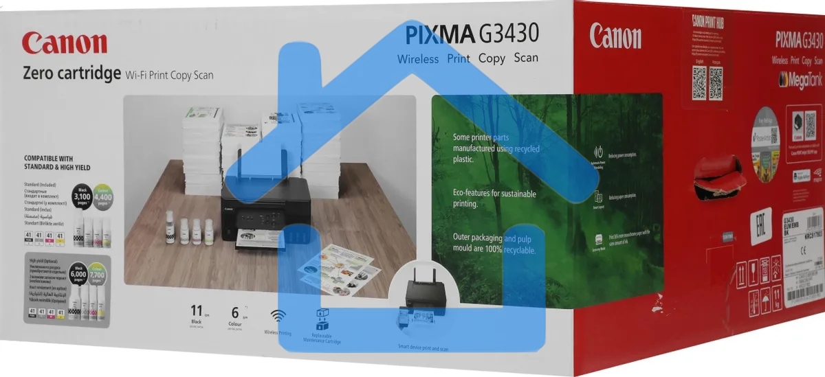 МФУ струйное Canon PIXMA G3430 (5989C009), A4, цветное, печ. 11 стр/мин. (ч/б) 6 стр/мин. (цвет), скан. до 3.16 стр/мин., 4800 x 1200 dpi (печать) 600x1200dpi (скан.), USB, Wi-Fi, Air Print, Mopria