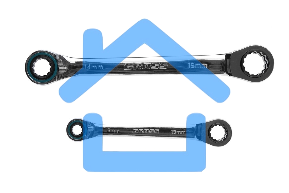 Набор ключей накидных GROSS 14893с трещоткой, 8 - 19 мм, 2 шт., многоразмерные, реверсивные, CrV