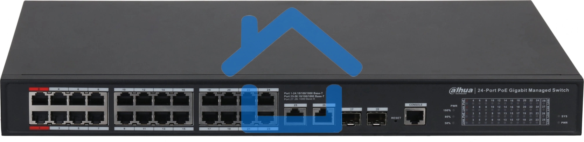 24-портовый гигабитный управляемый коммутатор с PoE DAHUA, уровень L2 Порты: 24 RJ45 10/100/1000Мбит/с; IEEE802.3af/IEEE802.3at/Hi-PoE/IEEE802.3bt, 2 RJ45 10/100/1000Мбит/с (uplink), 2 SFP 1000Мбит/с