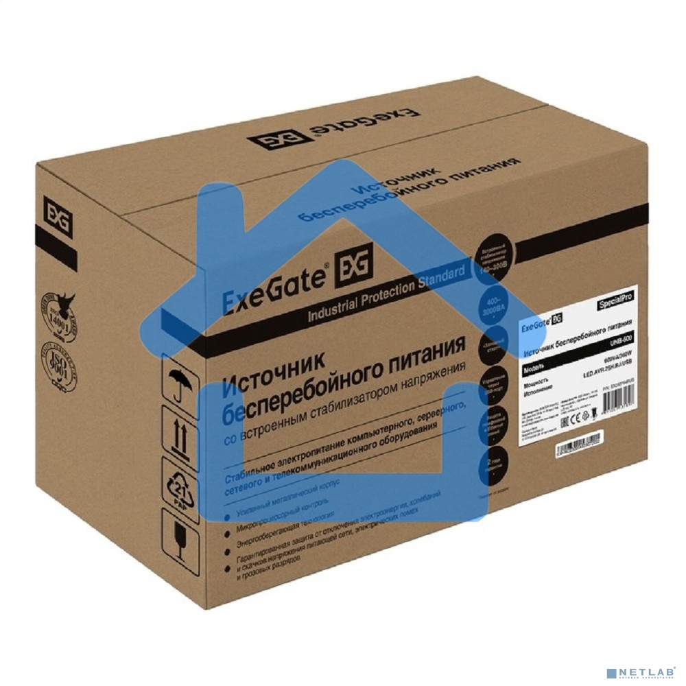 Источник бесперебойного питания ExeGate EX292764RUS SpecialPro UNB-600.LED.AVR.2SH.RJ.USB 600VA/360W, LED, AVR, 2*Schuko, RJ45/11, USB, черный