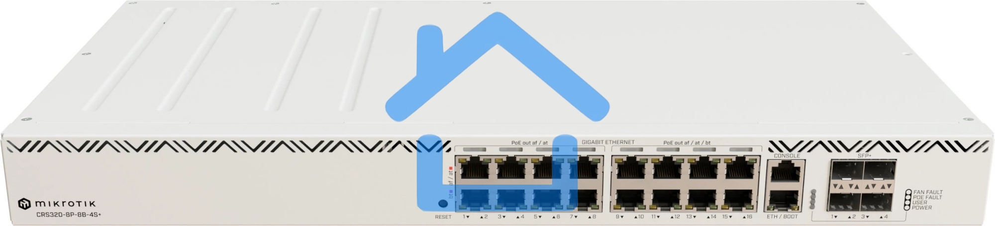 Коммутатор MikroTik CRS320-8P-8B-4S+RM Cloud Router Switch with dual-core 800 MHz CPU, 256 MB RAM, 98DX226S switch chip, 17 x Gigabit Eth ports (8 x 802.3af/at, 8 x 802.3bt PoE-out), 4 x 10G SFP+ ports, RouterOS L5, 1U rackmount enclosure, 600W PSU