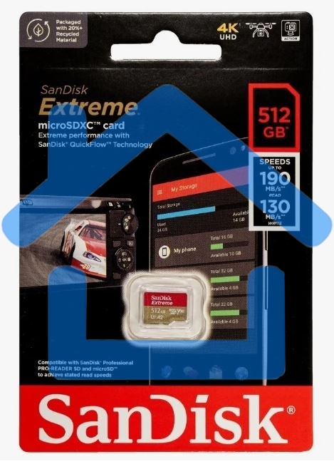 Флеш карта microSD 512Gb SanDisk microSDXC Class 10 UHS-I A2 C10 V30 U3 Extreme 190MB/s