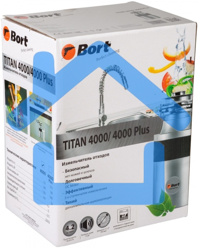 Измельчитель пищевых отходов Bort TITAN 4000 390 Вт; 4,2 кг/мин; 2800 об/мин; 1200 мл; Металл ; набор аксессуаров 4 шт [91275769]