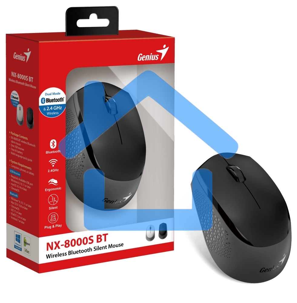 Мышь беспроводная Genius NX-8000S BT черный, 1200 dpi, радиоканал, Bluetooth, USB, кнопки - 3