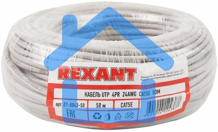 Кабель UTP Rexant 4PR 24AWG, CU (медь), CAT5e, 100 МГц, PVC, серый, бухта 50 м