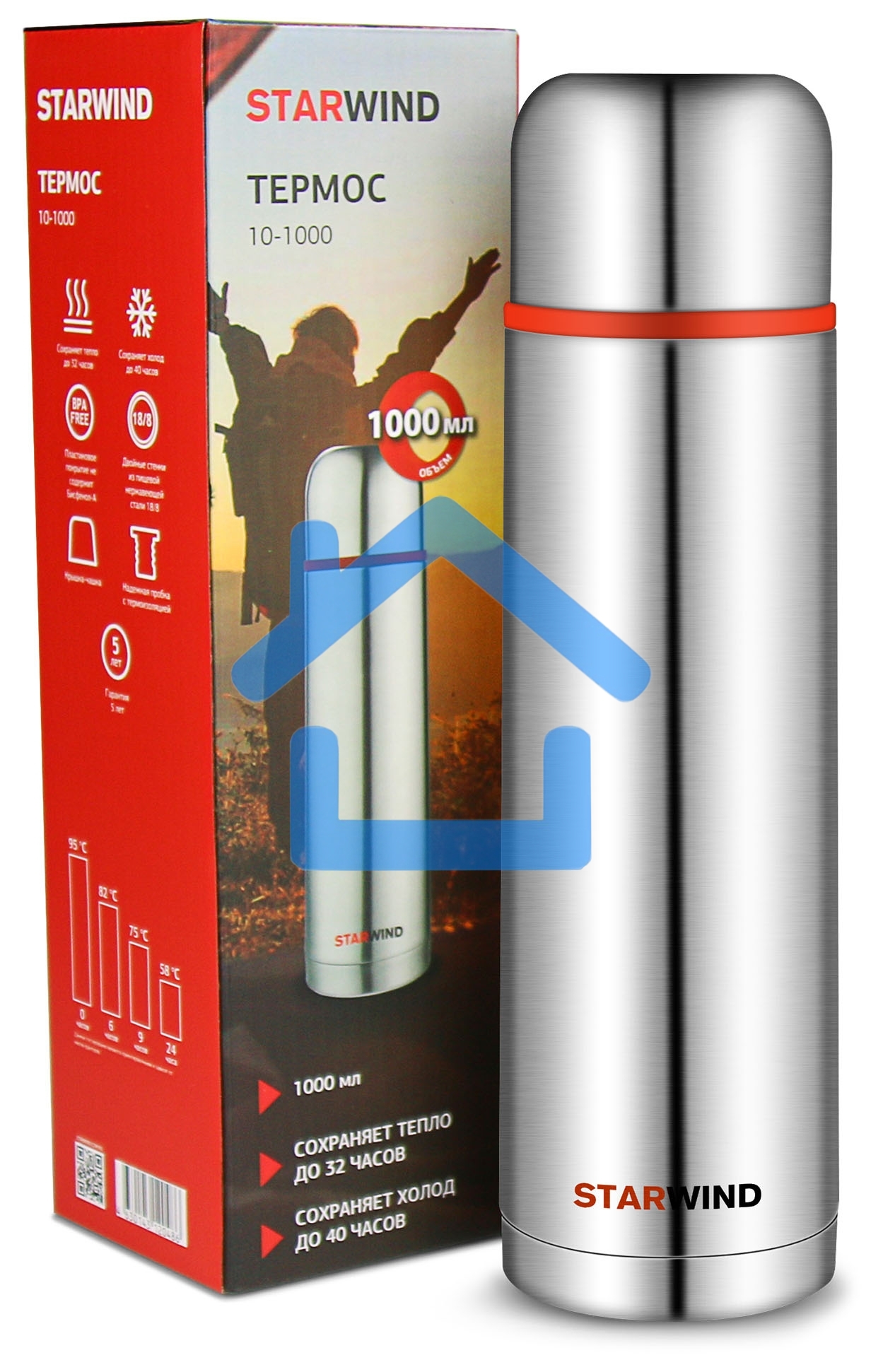 Термос Starwind 10-1000 1л. серебристый/красный картонная коробка