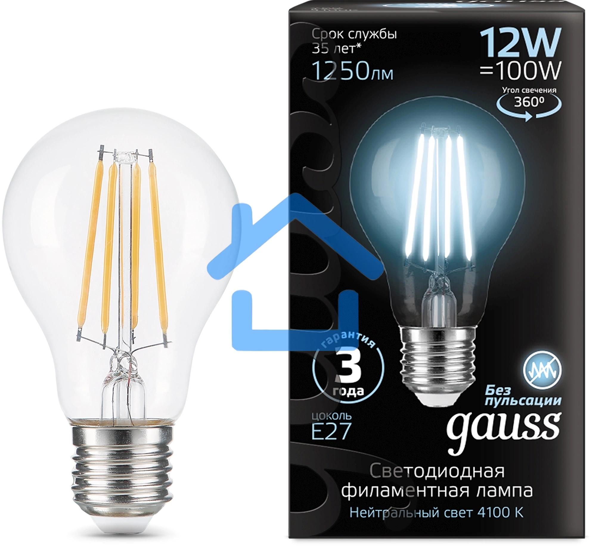 Лампа Gauss Filament А60 12W 1250lm 4100К Е27 LED 1/10/40