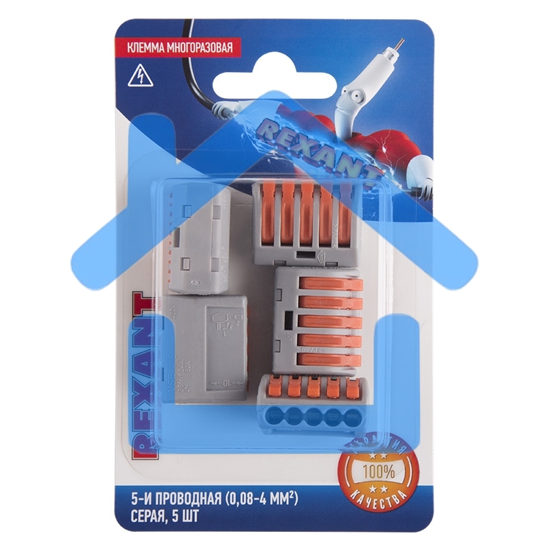 Соединительная клемма многоразовая, 5-и проводная, серая (0,08-4 мм²), (5шт.) Rexant