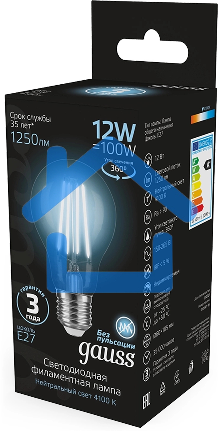 Лампа Gauss Filament А60 12W 1250lm 4100К Е27 LED 1/10/40