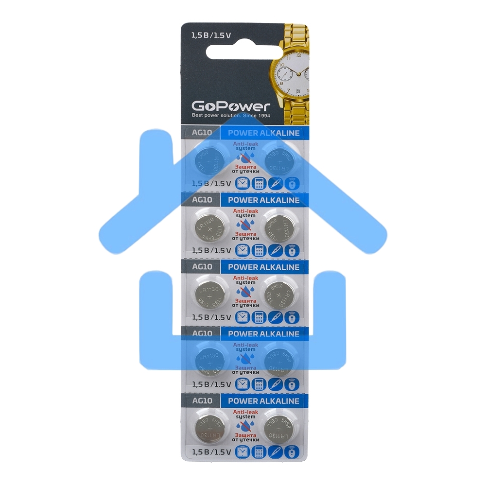 Батарейка GoPower G10/LR1130/LR54/389A/189 BL10 Alkaline 1.5V (10/100/3600) блистер (10 шт.)