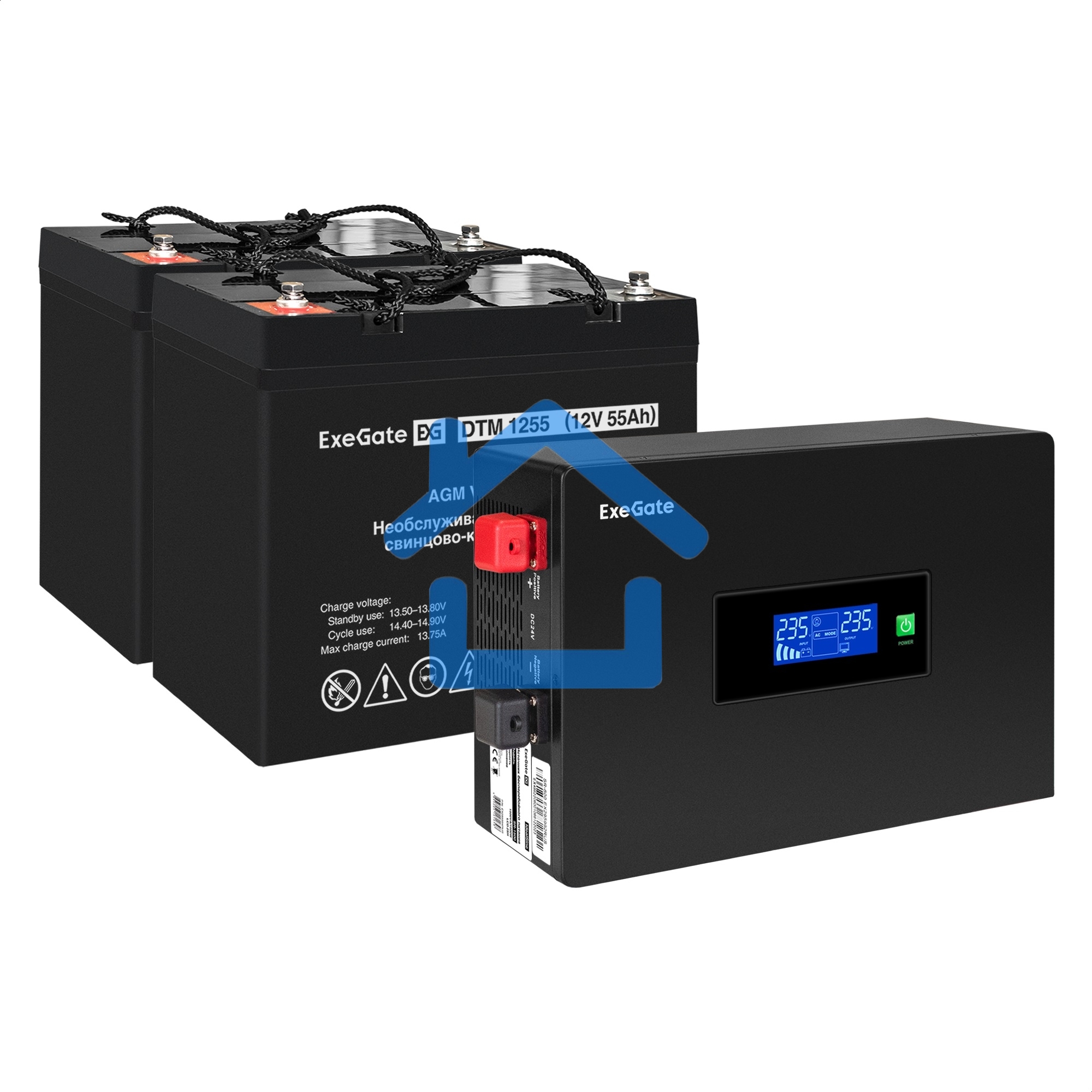 Комплект ИБП EX295994RUS + батарея 55Aч EX285667RUS 2шт (инвертор, синус, для котла, PF=1, настенный) ExeGate IdealSine SR-1500.LCD.2SH  1500VA/1500W, чистая синусоида, цветной LCD-дисплей, 2*Schuko, крепление настенное, черный + батарея ExeGate DTM 1255 