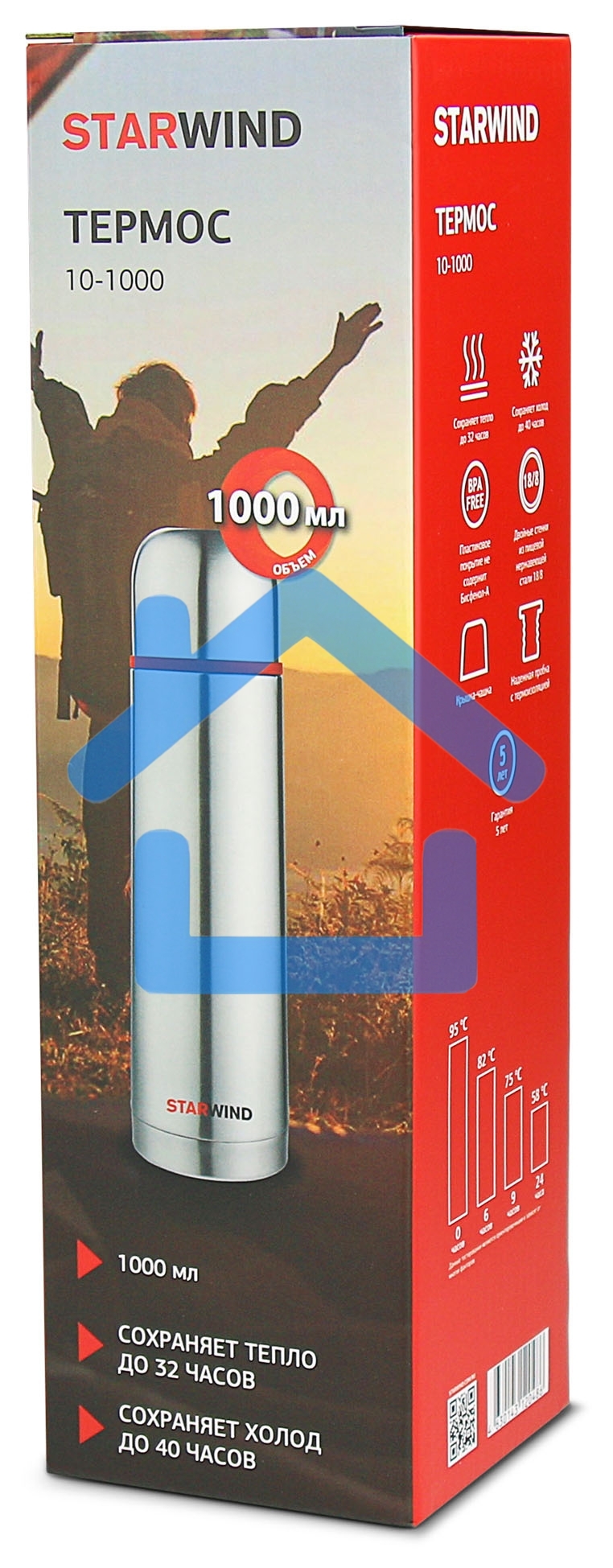 Термос Starwind 10-1000 1л. серебристый/красный картонная коробка