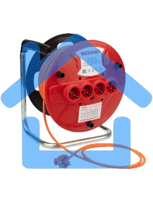 Удлинитель-шнур на катушке Rexant ПВС 3х1.0, 50 м, 4 гнезда, с/з, 10 А, 2200 Вт, IP20, оранжевый (Сделано в России)