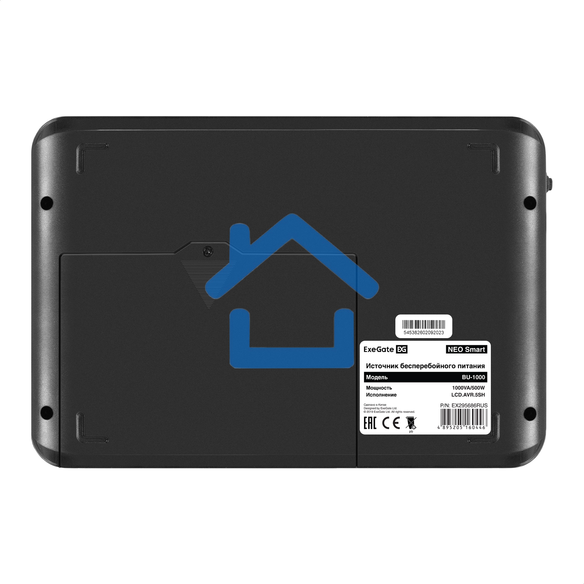 Источник бесперебойного питания ExeGate NEO Smart BU-1000.LCD.AVR.5SH 1000VA/500W, цветной LCD-дисплей, AVR, 5*Schuko, черный