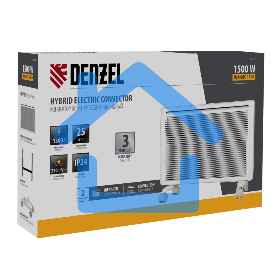 Конвектор гибридный Denzel HybridX-1500 белый, 1500 Вт, 25 м2, термостат, дисплей