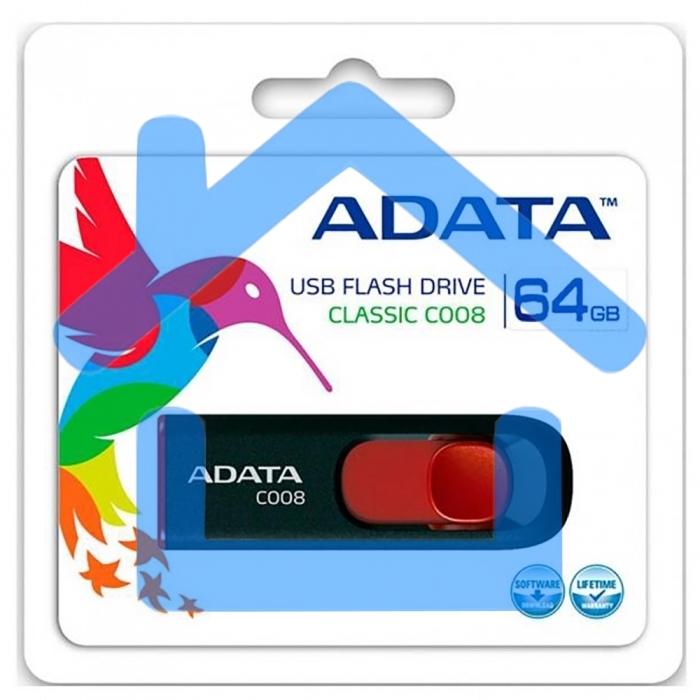Флешка USB ADATA С008 (AC008-64G-RKD), 64Gb, USB 2.0, R/W 15/5, черный / красный