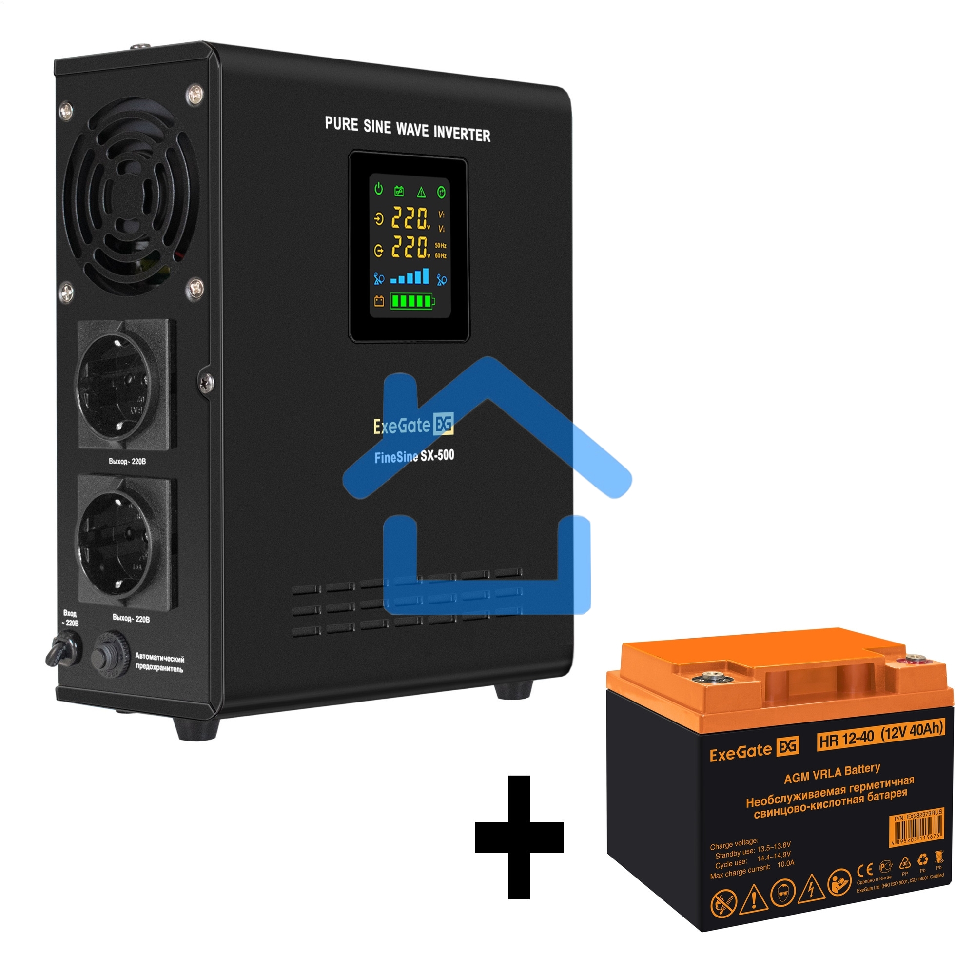 Комплект ИБП EX295995RUS + батарея 40Aч EX282979RUS 1шт (инвертор, синус, для котла, настенный) ExeGate FineSine SX-500.LCD.AVR.2SH <500VA/300W, чистая синусоида, цветной LCD-дисплей, AVR, 2*Schuko, линейно-интерактивный, крепление настенное/универсальное