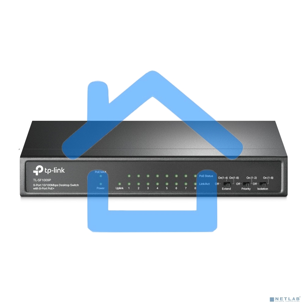 Коммутатор 9-port 10/100Mbps unmanaged switch with 8 PoE+ ports, compliant with 802.3af/at PoE, 65W PoE budget, support 250m Extend Mode, Priority mode and Isolation mode, desktop mount, plug and play.