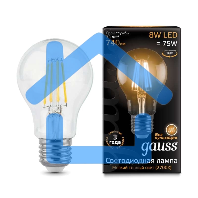 Лампа светодиодная Filament A60 E27 8Вт 2700К GAUSS 102802108