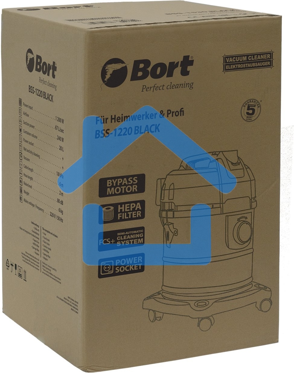 Строительный пылесос Bort BSS-1220 черный (93412598) 240/1200 Вт, уборка сухая/влажная, пылесборник мешок/контейнер, 20 л
