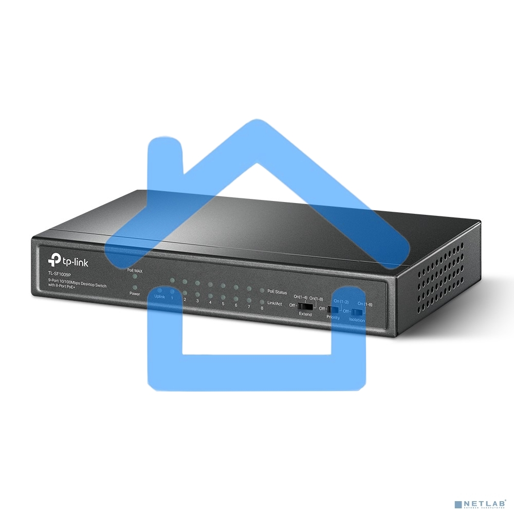 Коммутатор 9-port 10/100Mbps unmanaged switch with 8 PoE+ ports, compliant with 802.3af/at PoE, 65W PoE budget, support 250m Extend Mode, Priority mode and Isolation mode, desktop mount, plug and play.