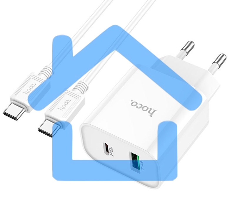 Блок питания (сетевой адаптер) HOCO C80A Plus с кабелем Type-C-Type-C, QC3.0, 20W, белый