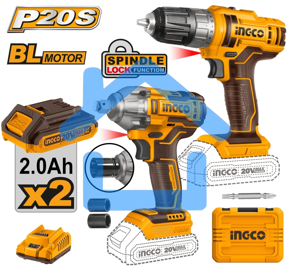 Набор аккумуляторных инструментовт Li-Ion 2шт Ingco COSLI230702 (шуруповерт INGCO CDLI200528, гайковерт INGCO CIWLI2038, 2 акк, ЗУ, Сумка)
