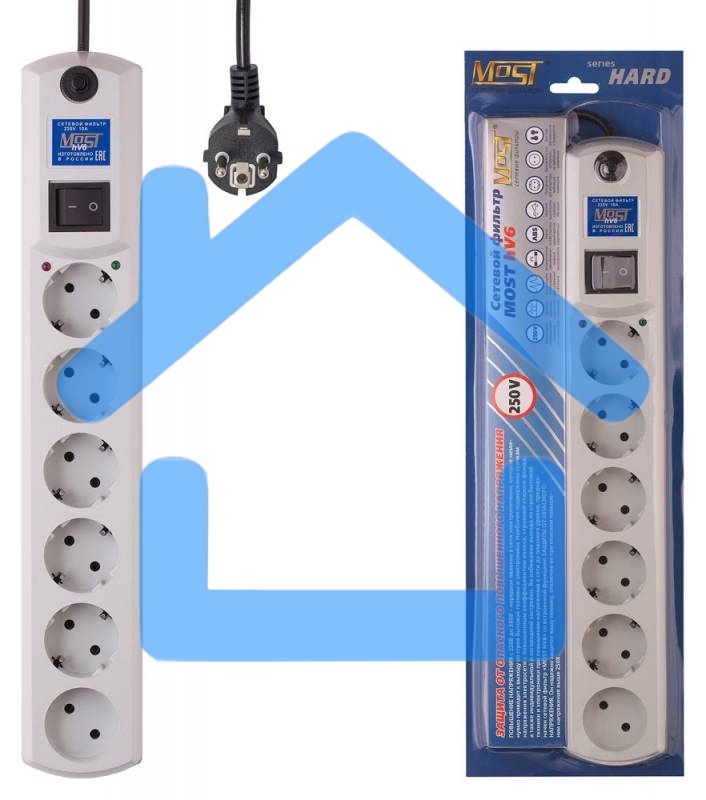 Сетевой фильтр Most HV6 2м (6 розеток) белый (коробка)