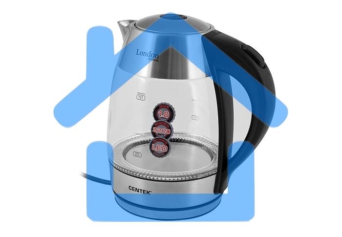 Чайник Centek CT-0059 London, стекло, 1.8л, 2200Вт, LED-подсветка, отделка нерж.