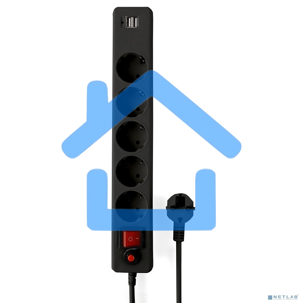 Сетевой фильтр Гарнизон 5р, 10А, 2xUSB, 1.8м, ур.защиты 4, черный, пакет