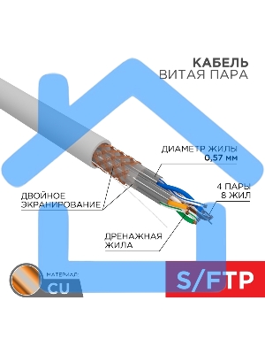 Кабель витая пара, S/FTP, CAT 6A, ZH нг(А)-HF, 4х2х0,575мм, 23AWG, INDOOR, SOLID, серый, 305м Rexant PRO