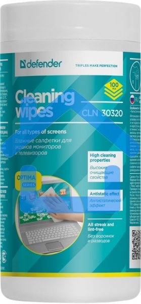 Чистящие салфетки Defender CLN 30320 ECO для экранов всех видов: ЭЛТ, ЖК, плазменными панелями / туба / 100 шт / Россия
