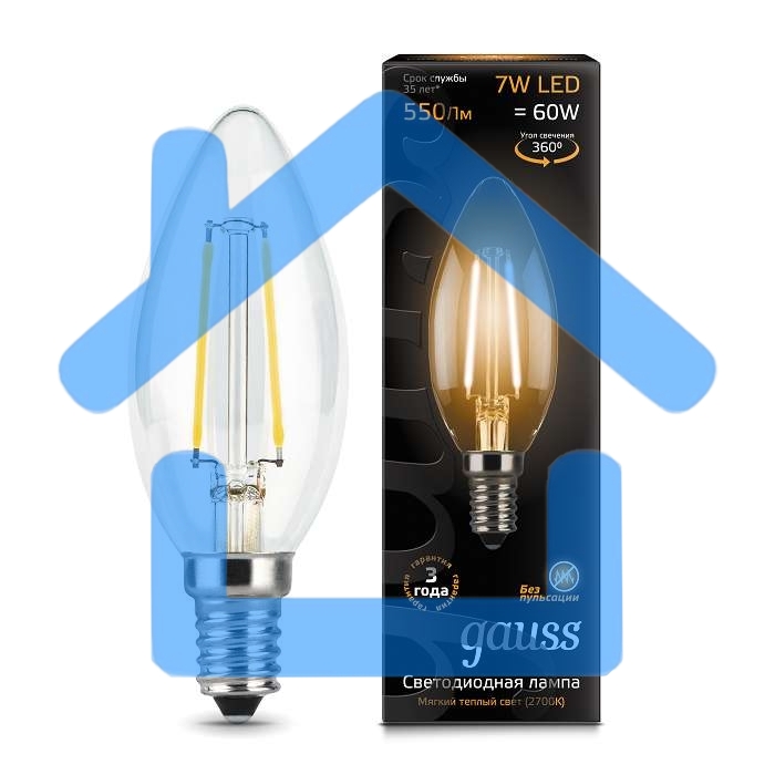 Лампа светодиодная Gauss LED Filament Свеча E14 7W 550lm 2700К 1/10/50