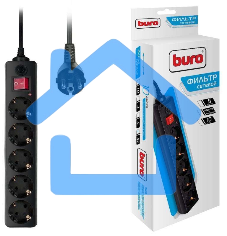 Сетевой фильтр BURO 5 розеток, 10 метров, (500SH-10-B), черный 992303