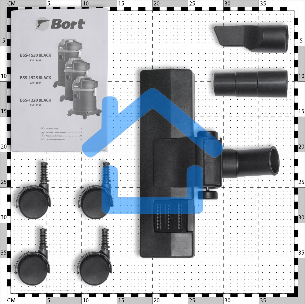 Пылесос профессиональный Bort BSS-1530 черный, 300/1500 Вт, уборка влажная/сухая, пылесборник мешок/контейнер 30л
