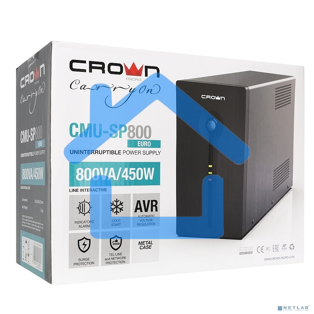Источник бесперебойного питания CROWN ИБП CMU-SP800EURO 800VA, металл,1x12V/9AH, розетки 3*EURO+1*IEC bybas CM000001492