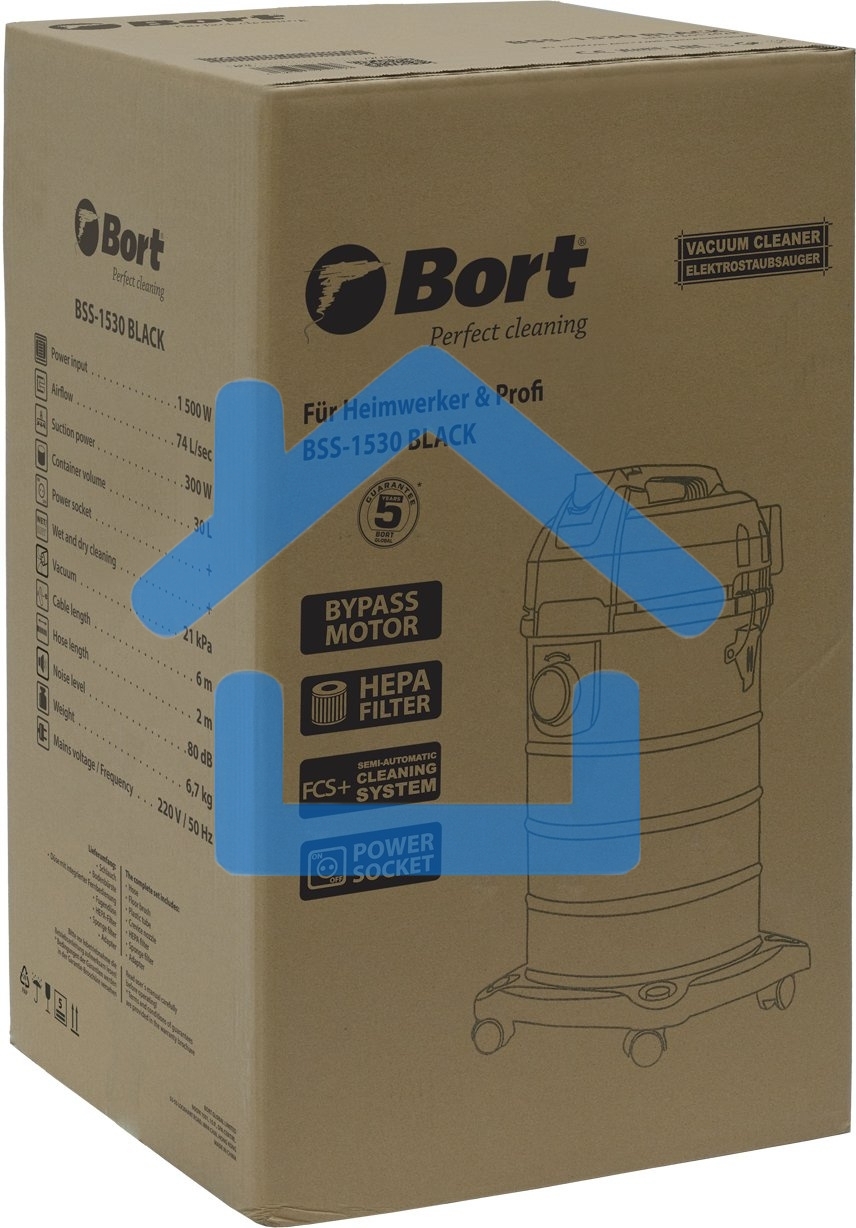 Пылесос профессиональный Bort BSS-1530 черный, 300/1500 Вт, уборка влажная/сухая, пылесборник мешок/контейнер 30л