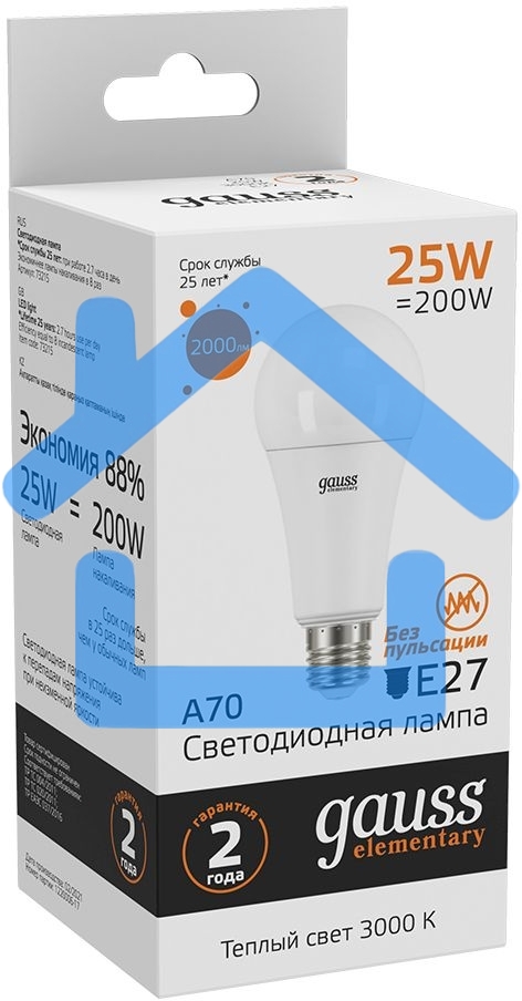 Лампа светодиодная Gauss Elementary 25Вт цок.:E27 груша 220B 3000K св.свеч.бел.теп. A67 (упак.:10шт) (73215)
