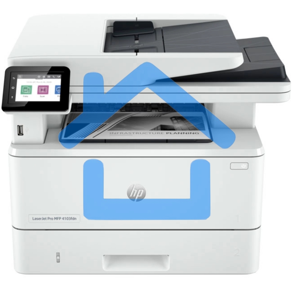 МФУ лазерное HP LaserJet Pro 4103fdn (2Z628A), A4, ч/б, печ. до 40 стр/мин., скан. до 29 стр/мин. (ч/б) 20 стр/мин. (цвет), 1200 x 1200 dpi, USB, RJ-45, Air Print, Mopria