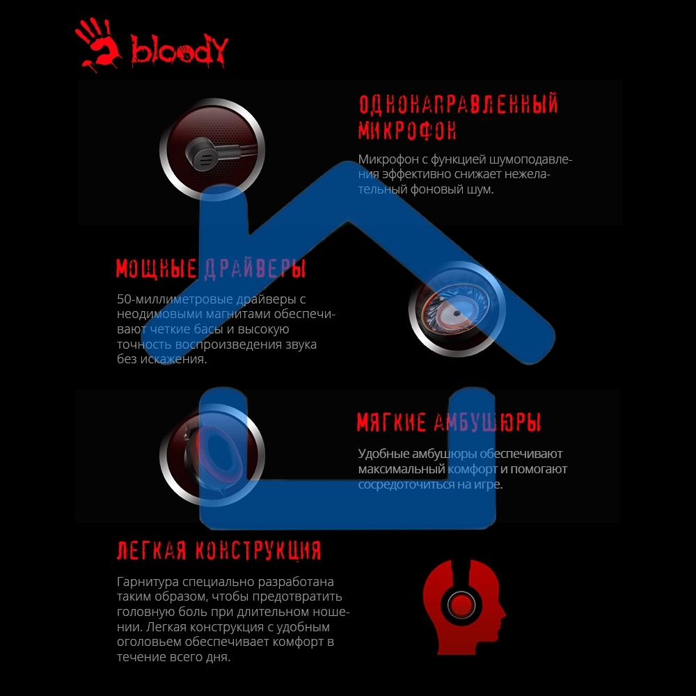 Наушники с микрофоном A4Tech Bloody G220 черный 2м мониторные оголовье (G220 AUX3.5-4PIN + USB)
