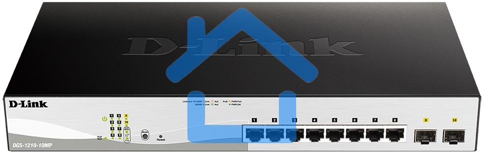 Коммутатор D-Link DGS-1210-10MP/F1A Настраиваемый коммутатор WebSmart с 8 портами 10/100/1000Base-T и 2 портами 1000Base-X SFP (8 портов с поддержкой PoE 802.3af/802.3at (30 Вт), PoE-бюджет 130 Вт)