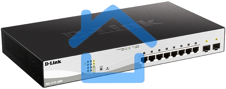 Коммутатор D-Link DGS-1210-10MP/F1A Настраиваемый коммутатор WebSmart с 8 портами 10/100/1000Base-T и 2 портами 1000Base-X SFP (8 портов с поддержкой PoE 802.3af/802.3at (30 Вт), PoE-бюджет 130 Вт)