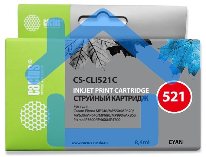 Картридж струйный Cactus CS-CLI521С голубой (8,4 мл) для Canon MP540/MP550/MP620/MP630/MP640/MP660