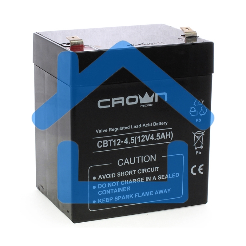 Батарея CROWN CBT-12-4.5, напряжение 12В, емкость4,5 А/Ч, размеры (мм)90х70х101, вес 1,48 кг, тип клеммы - F2, тип АКБ - свинцово кислотная с загущеным электролитом в гель, срок службы 6 лет