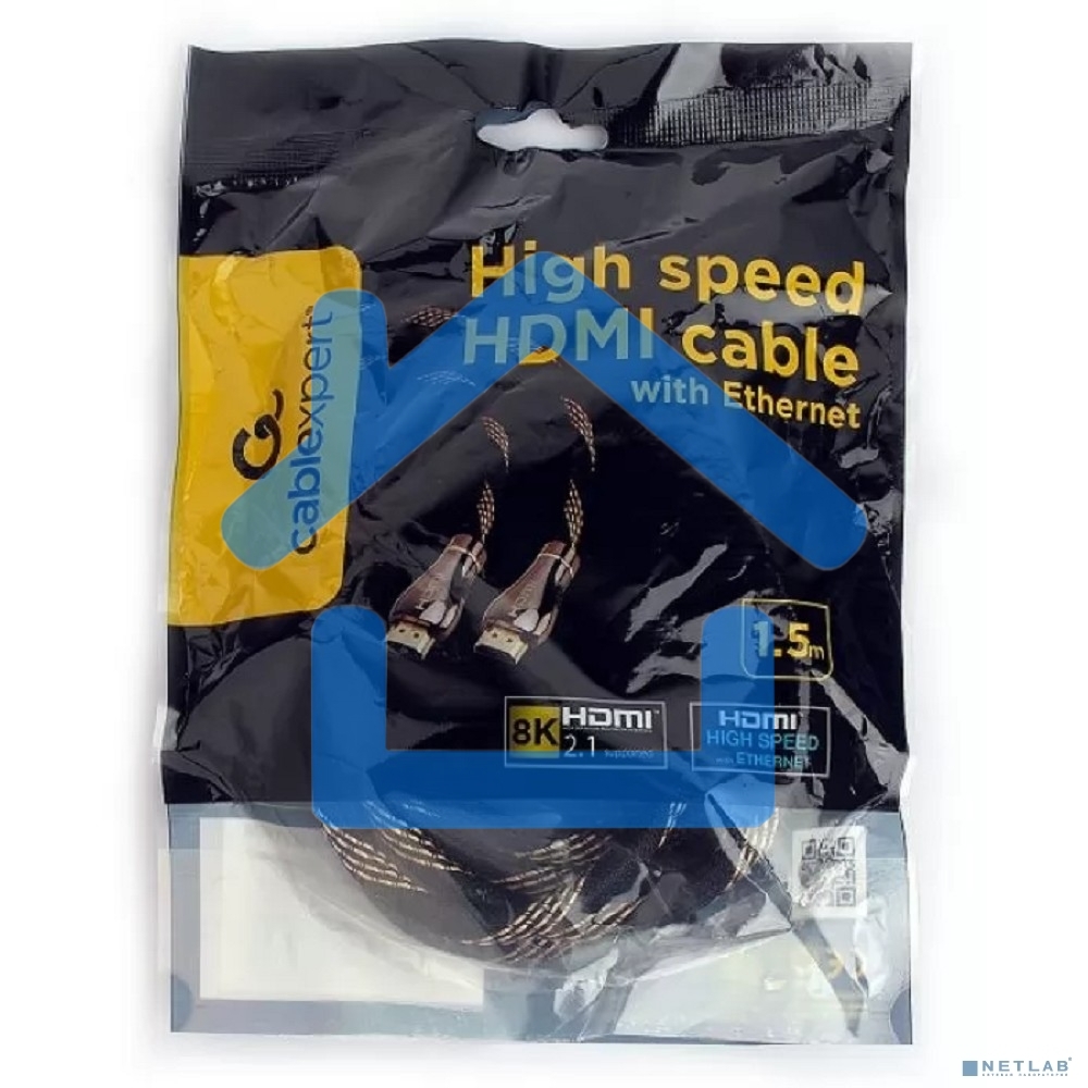 Кабель Cablexpert HDMI CCP-HDMI8К-1.5M, 19M/19M, v2.1, 8К, медь, позол.разъемы, экран, оплетка, 1.5м, черный, пакет